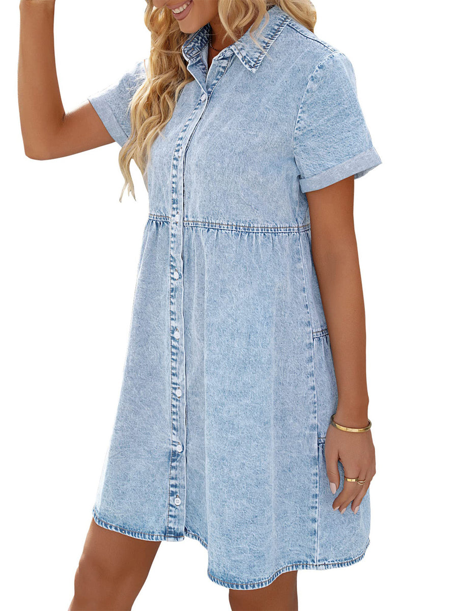 JO | Button Down Belt Pleated Flare A-Line Shirt Midi Dress