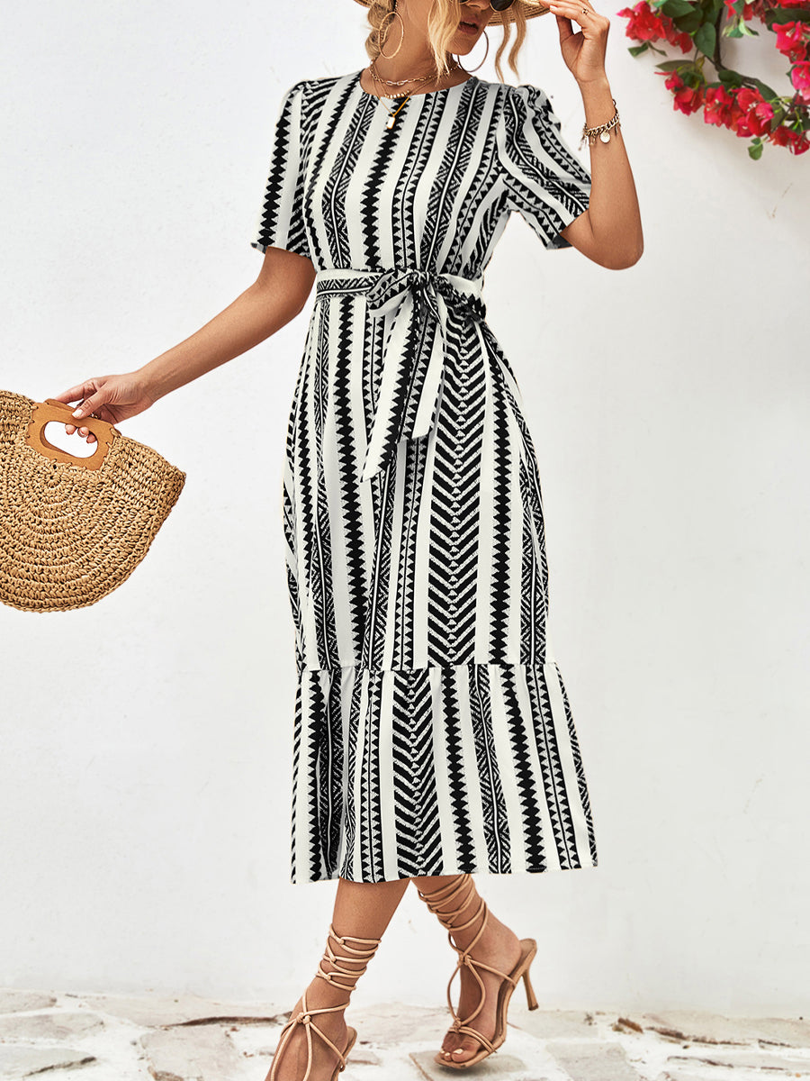 JO | Striped tie Belt Round neckline Puff sleeves Midi dress