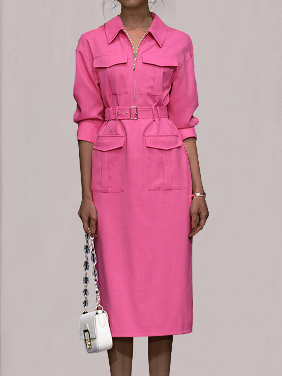 JO | Multi-pocket safari shirt with belt and collar midi dress