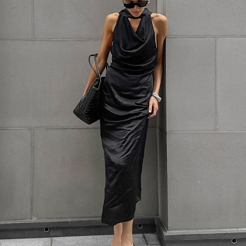 JO | Women's halterneck midi dress - Satin - Slim fit - Draped neckline - Formal wear