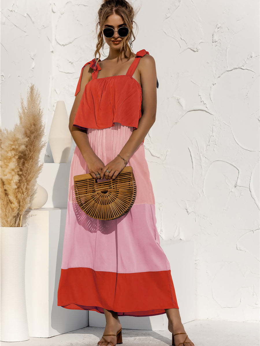 JO | Color Block Tie Shoulder Tiered Sleeveless Midi Dress