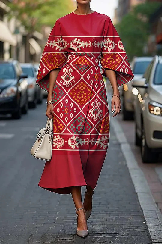 JO | Women's midi dress - A-line - kimono sleeves - floral print