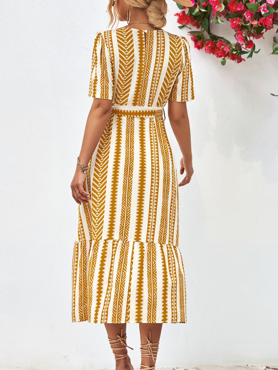 JO | Striped tie Belt Round neckline Puff sleeves Midi dress
