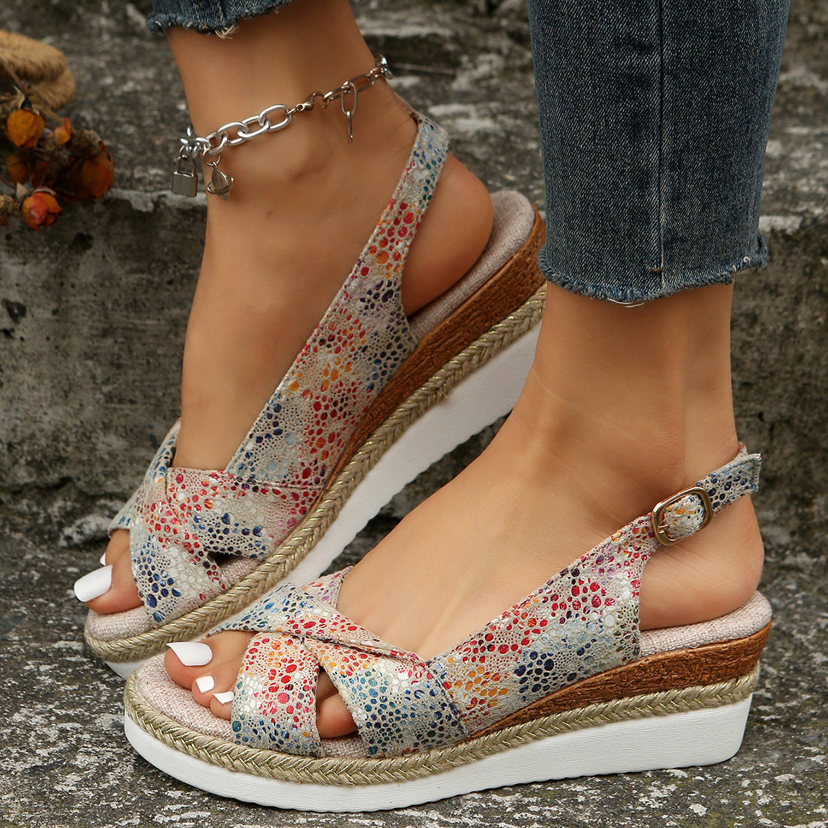 JO | Printed open slingback wedge espadrilles sandals