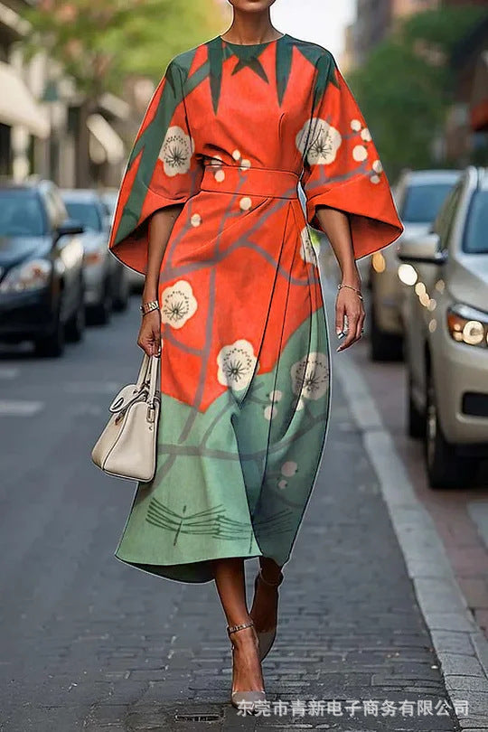 JO | Women's midi dress - A-line - kimono sleeves - floral print