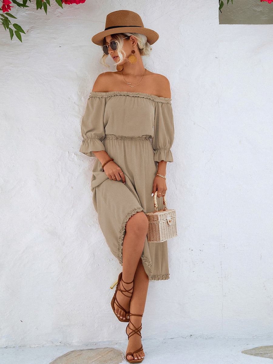 JO | Ruffled off-the-shoulder midi dress with flounce sleeves