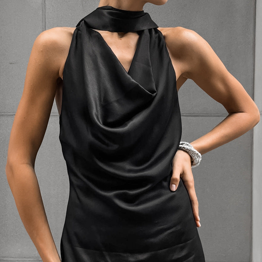 JO | Women's halterneck midi dress - Satin - Slim fit - Draped neckline - Formal wear