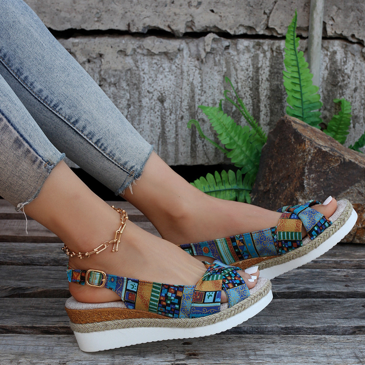 JO | Printed open slingback wedge espadrilles sandals