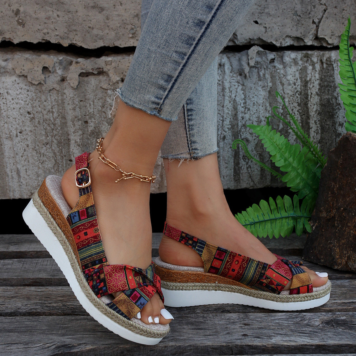 JO | Printed open slingback wedge espadrilles sandals