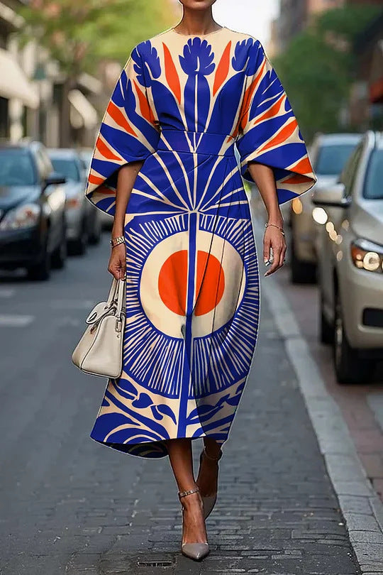 JO | Women's midi dress - A-line - kimono sleeves - floral print