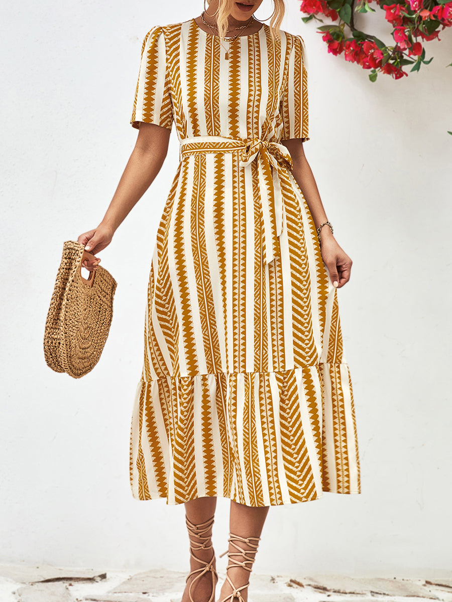 JO | Striped tie Belt Round neckline Puff sleeves Midi dress