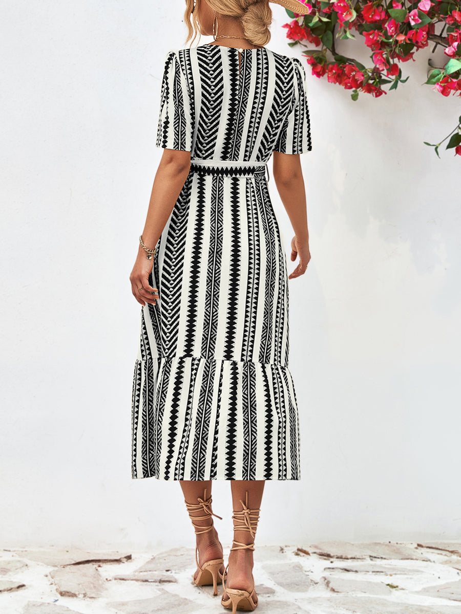 JO | Striped tie Belt Round neckline Puff sleeves Midi dress