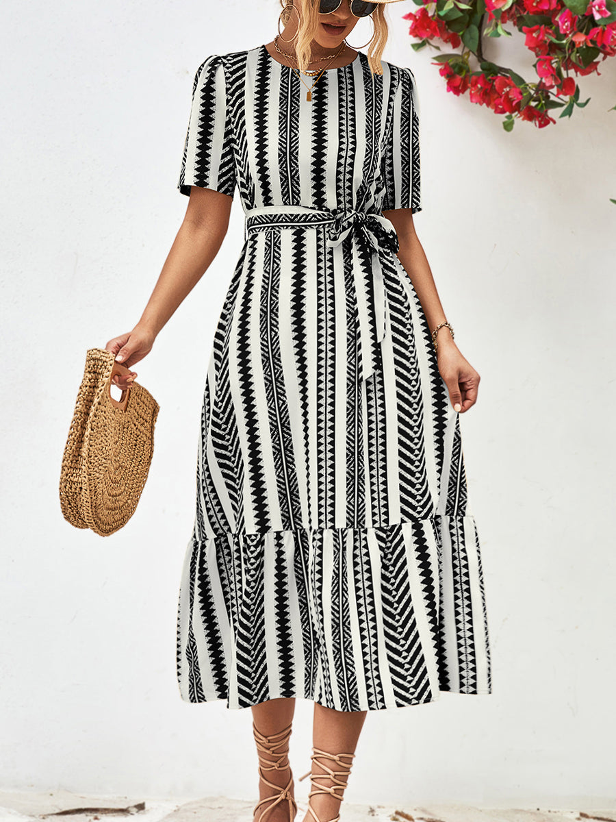 JO | Striped tie Belt Round neckline Puff sleeves Midi dress