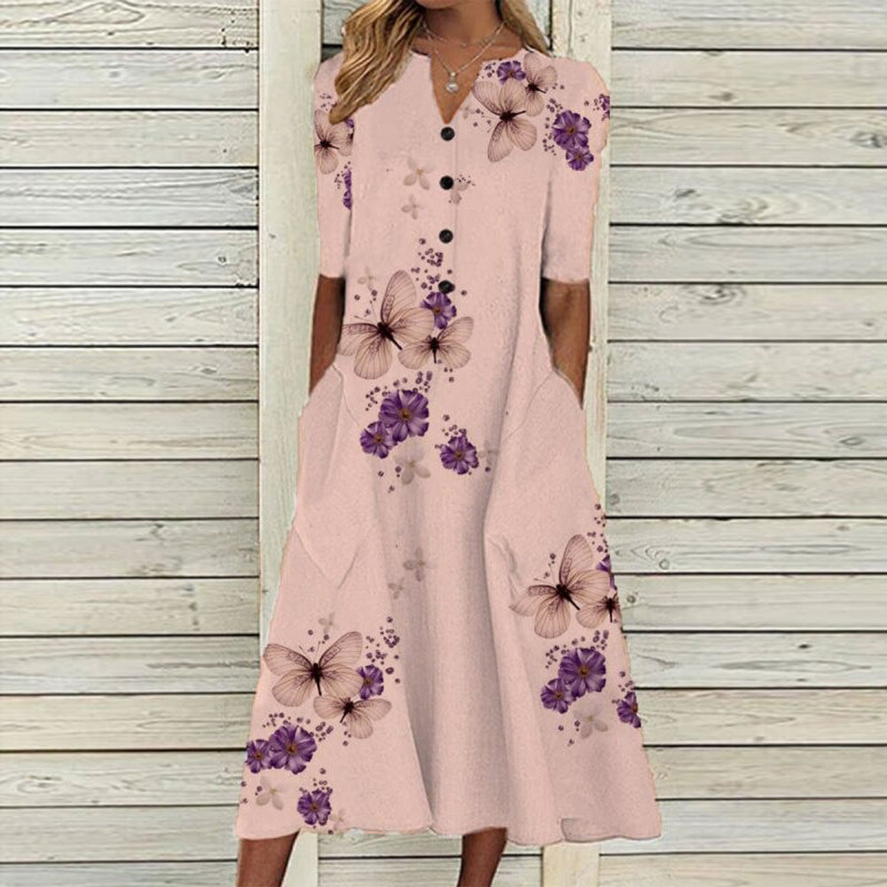 JO | Women's midi dress - V-neck - button placket - short sleeves - floral butterfly print - pockets