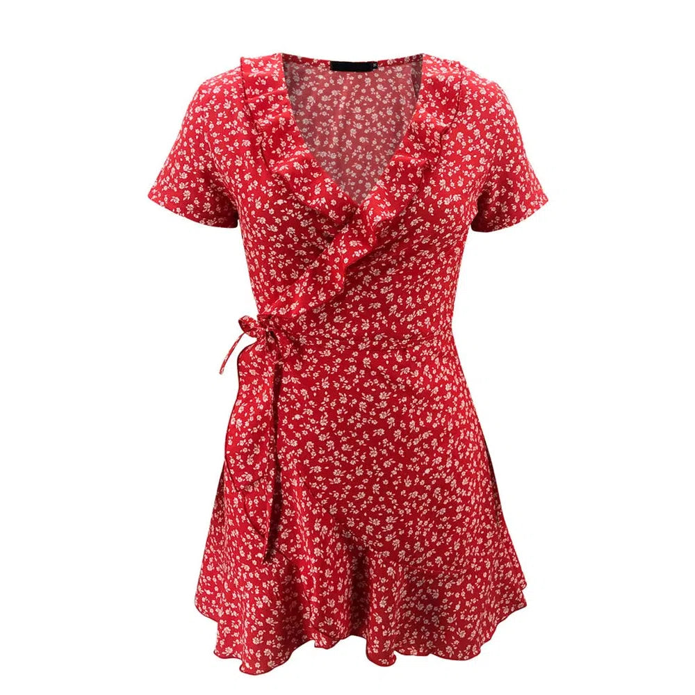 JO | Summer Ladies Floral A-Line Dress Elegant Ruffle V-Neck Mini Dress