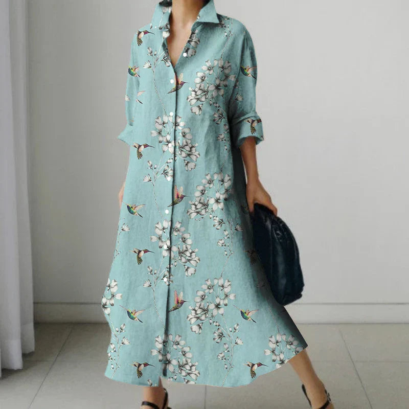 JO | Retro Floral V-Neck Shirt Dress with Pockets