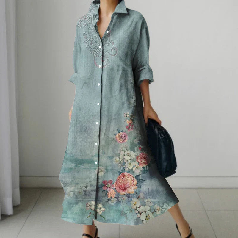 JO | Retro Floral V-Neck Shirt Dress with Pockets