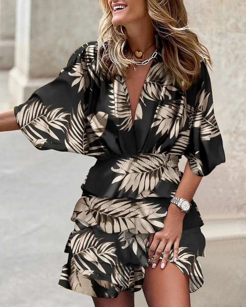 JO | Ladies casual V-neck mini dress with batwing sleeves and ruffle hem for summer and party occasions