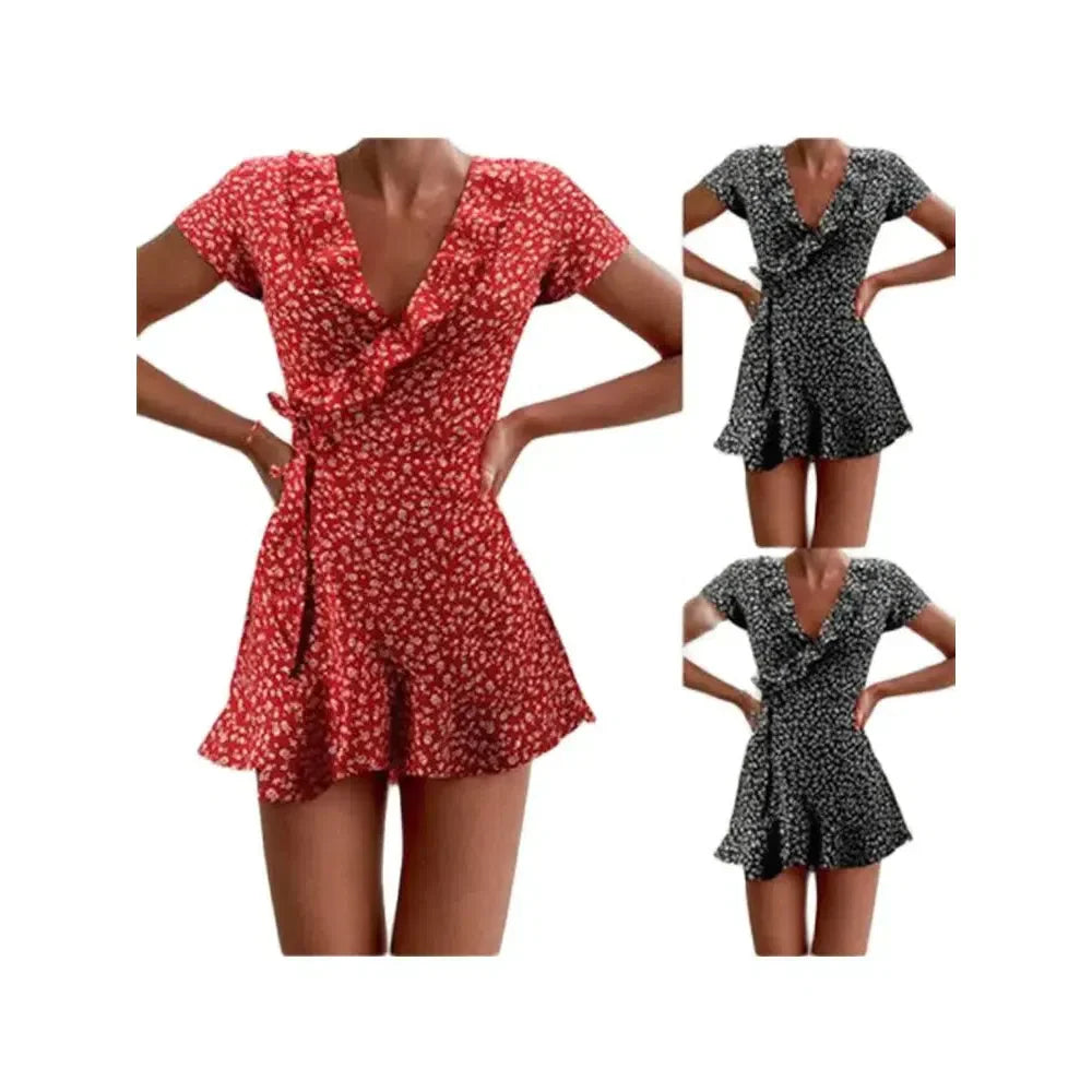 JO | Summer Ladies Floral A-Line Dress Elegant Ruffle V-Neck Mini Dress