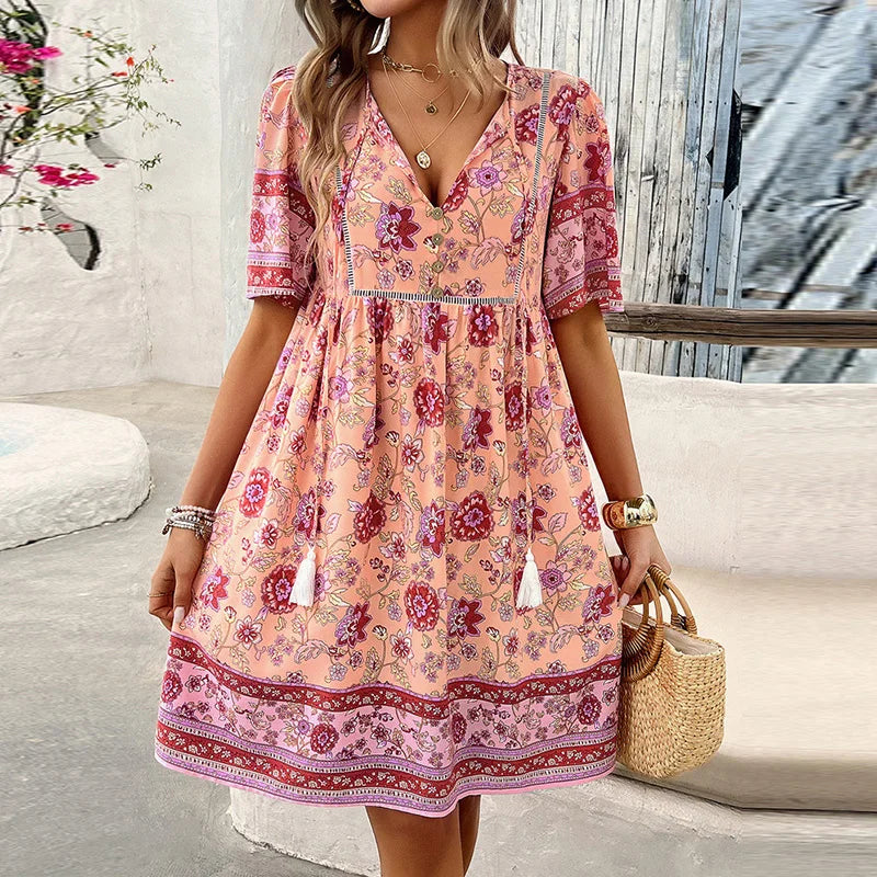 JO | Ariana™ Floral boho mini dress with V-neckline