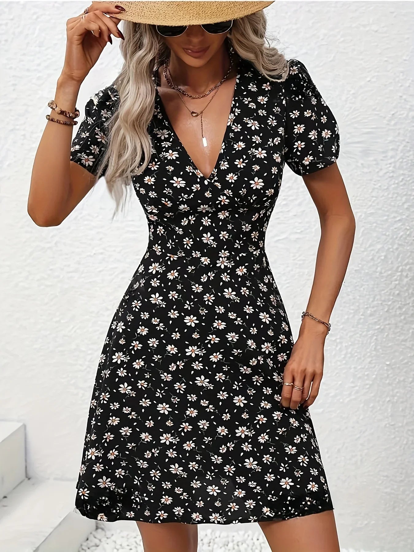 JO | Summer Women Floral Print Mini Dress V-Neck Puff Sleeves Casual Vacation Dress for Going Out and Party