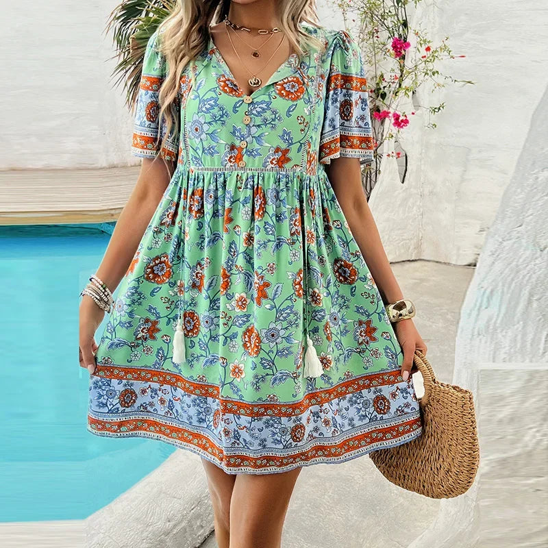 JO | Ariana™ Floral boho mini dress with V-neckline
