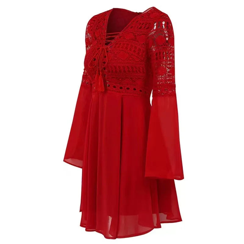 JO | Women's A Line Dress Short Mini Dress Long Sleeve Ruffle V-Neck