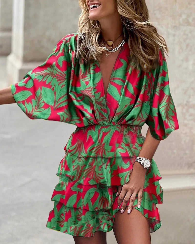 JO | Ladies casual V-neck mini dress with batwing sleeves and ruffle hem for summer and party occasions
