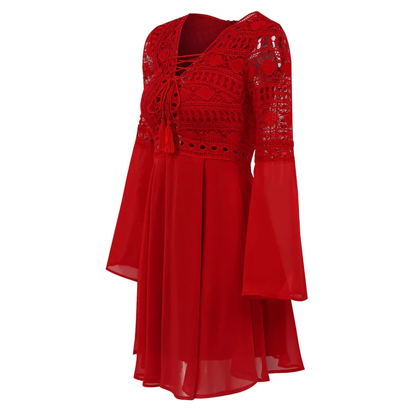 JO | Women's A Line Dress Short Mini Dress Long Sleeve Ruffle V-Neck