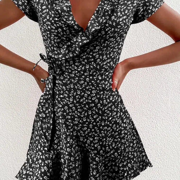 JO | Summer Ladies Floral A-Line Dress Elegant Ruffle V-Neck Mini Dress