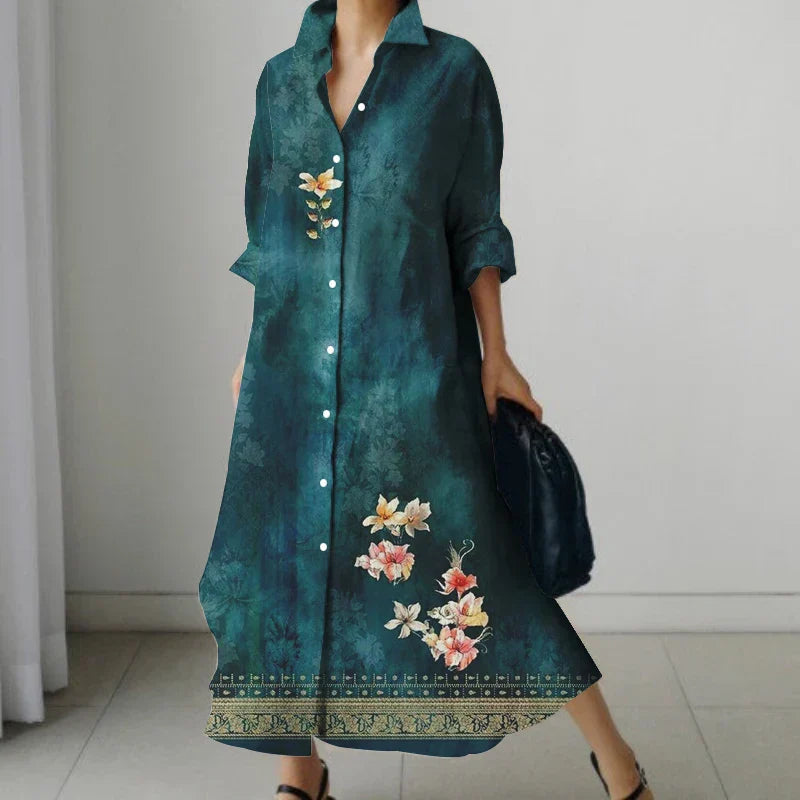 JO | Retro Floral V-Neck Shirt Dress with Pockets