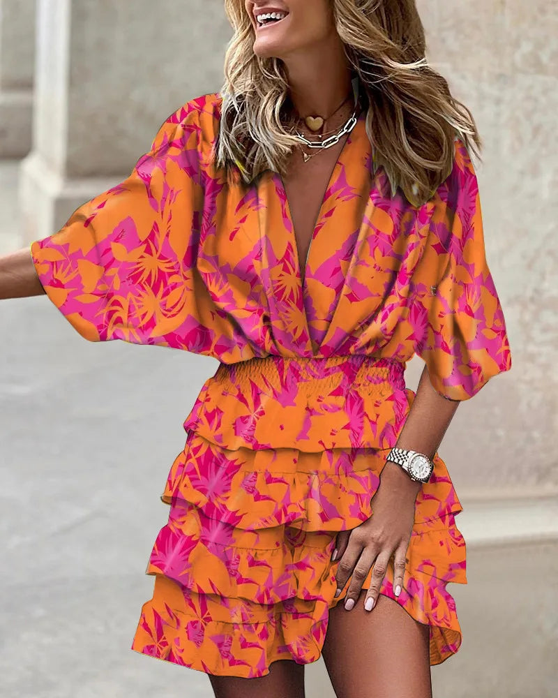 JO | Ladies casual V-neck mini dress with batwing sleeves and ruffle hem for summer and party occasions