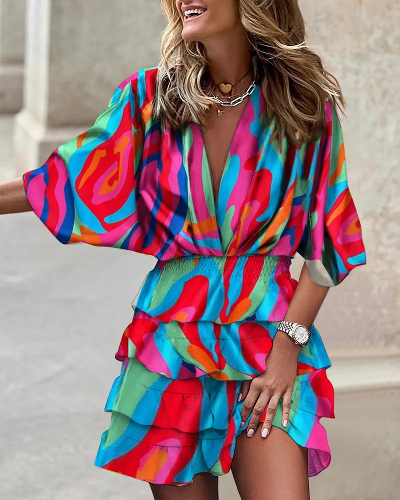 JO | Ladies casual V-neck mini dress with batwing sleeves and ruffle hem for summer and party occasions