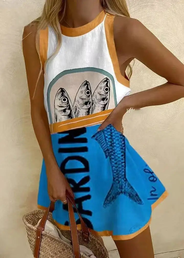 JO | Women Puzzle Print Summer Dress Sleeveless Over the Knee Mini Dress Casual Tank Top Beach Dress for Women