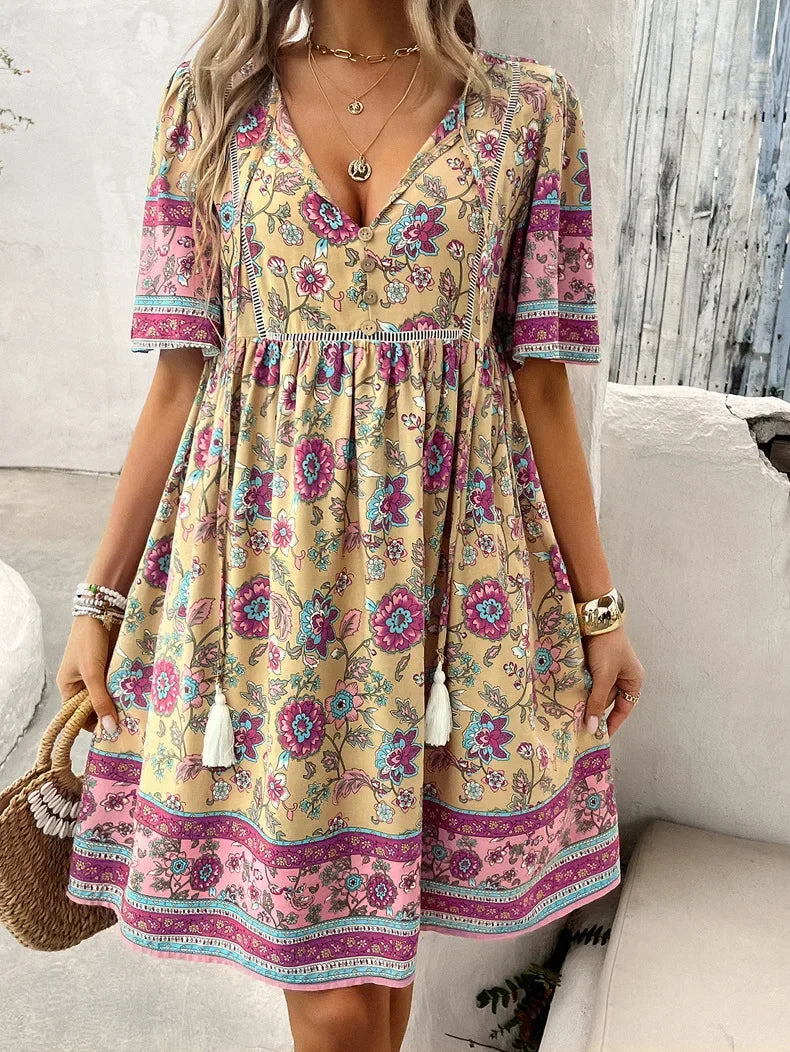 JO | Ariana™ Floral boho mini dress with V-neckline