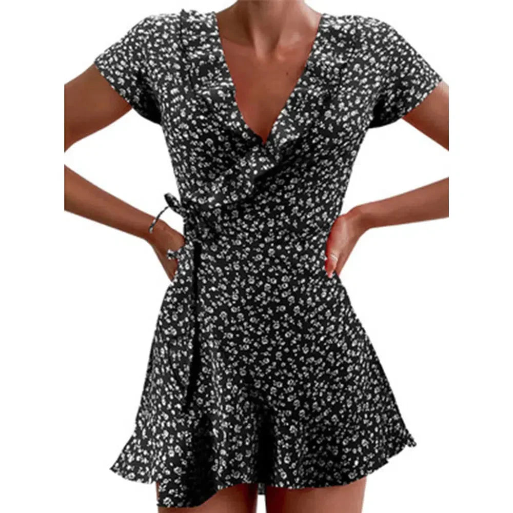 JO | Summer Ladies Floral A-Line Dress Elegant Ruffle V-Neck Mini Dress