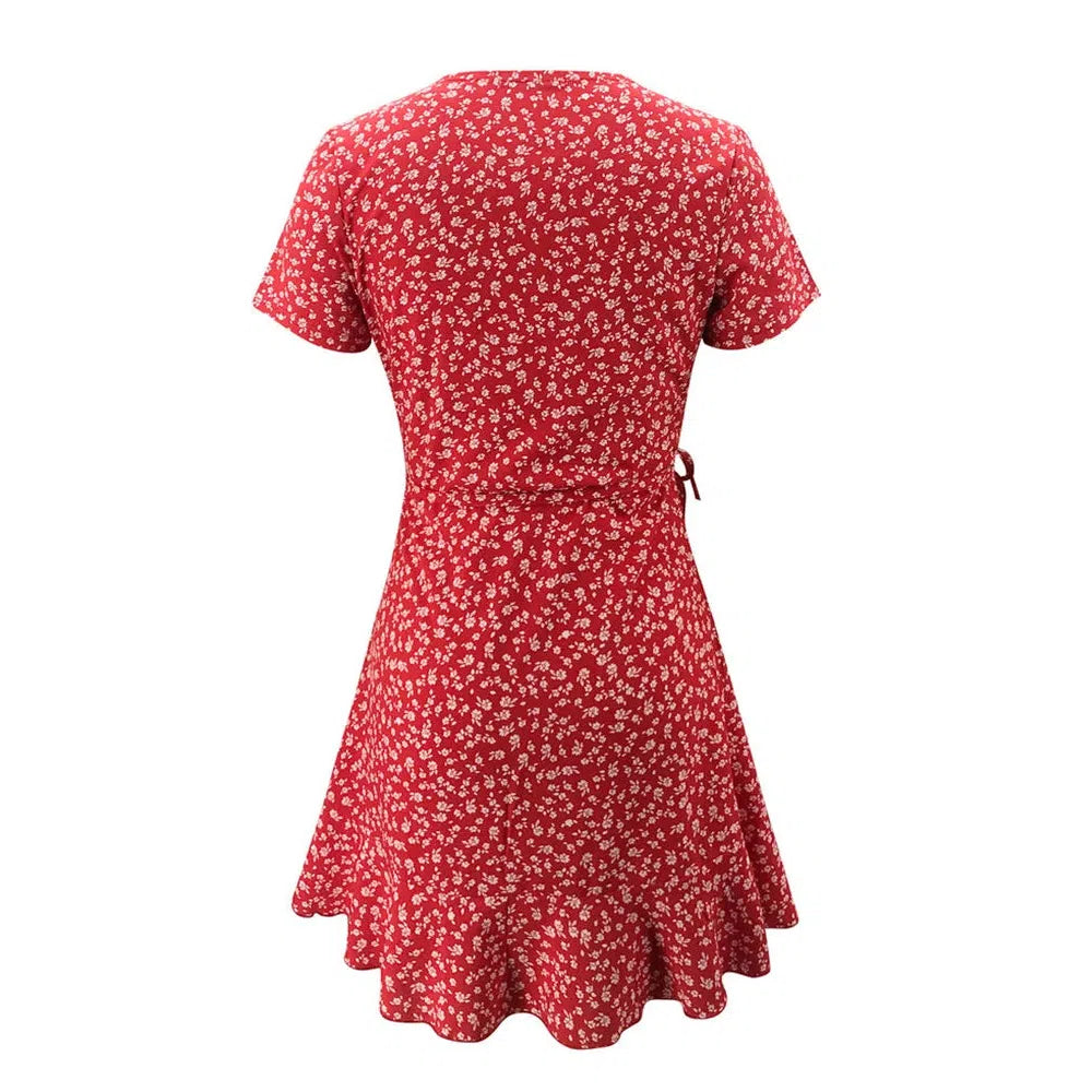 JO | Summer Ladies Floral A-Line Dress Elegant Ruffle V-Neck Mini Dress