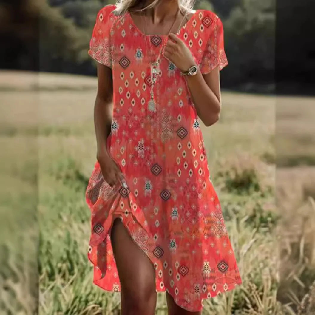 JO | Summer Bohemian Dresses for Women V-Neck Short Sleeve Flower Printed Beach Vacation Dress Women Maxi Dresses Boho