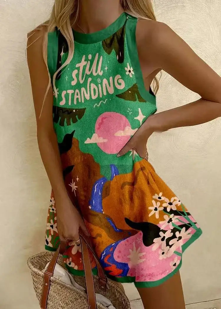 JO | Women Puzzle Print Summer Dress Sleeveless Over the Knee Mini Dress Casual Tank Top Beach Dress for Women