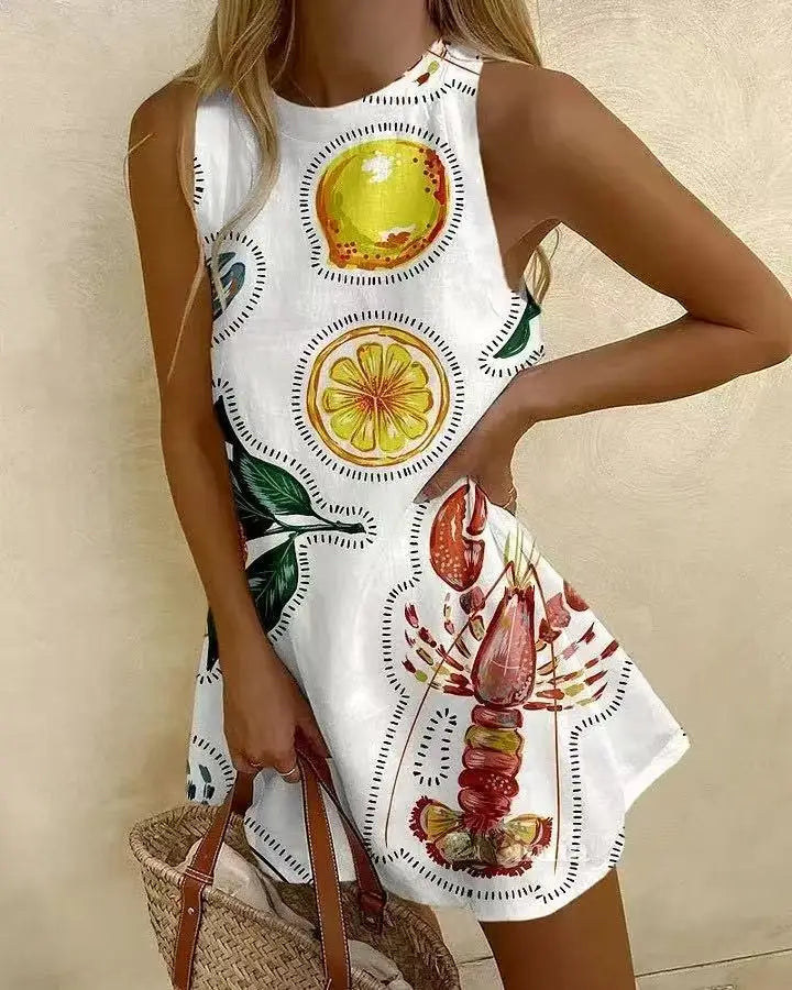 JO | Women Puzzle Print Summer Dress Sleeveless Over the Knee Mini Dress Casual Tank Top Beach Dress for Women