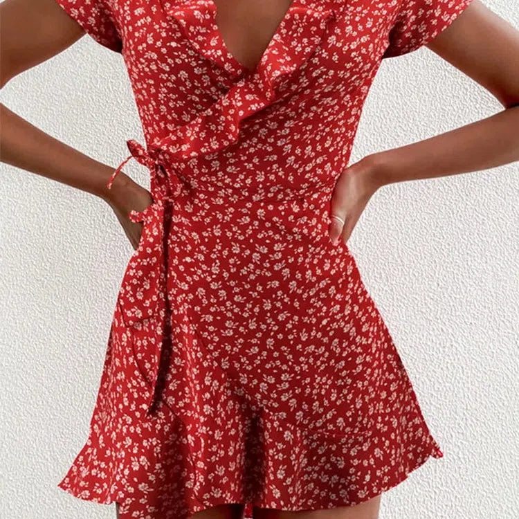JO | Summer Ladies Floral A-Line Dress Elegant Ruffle V-Neck Mini Dress