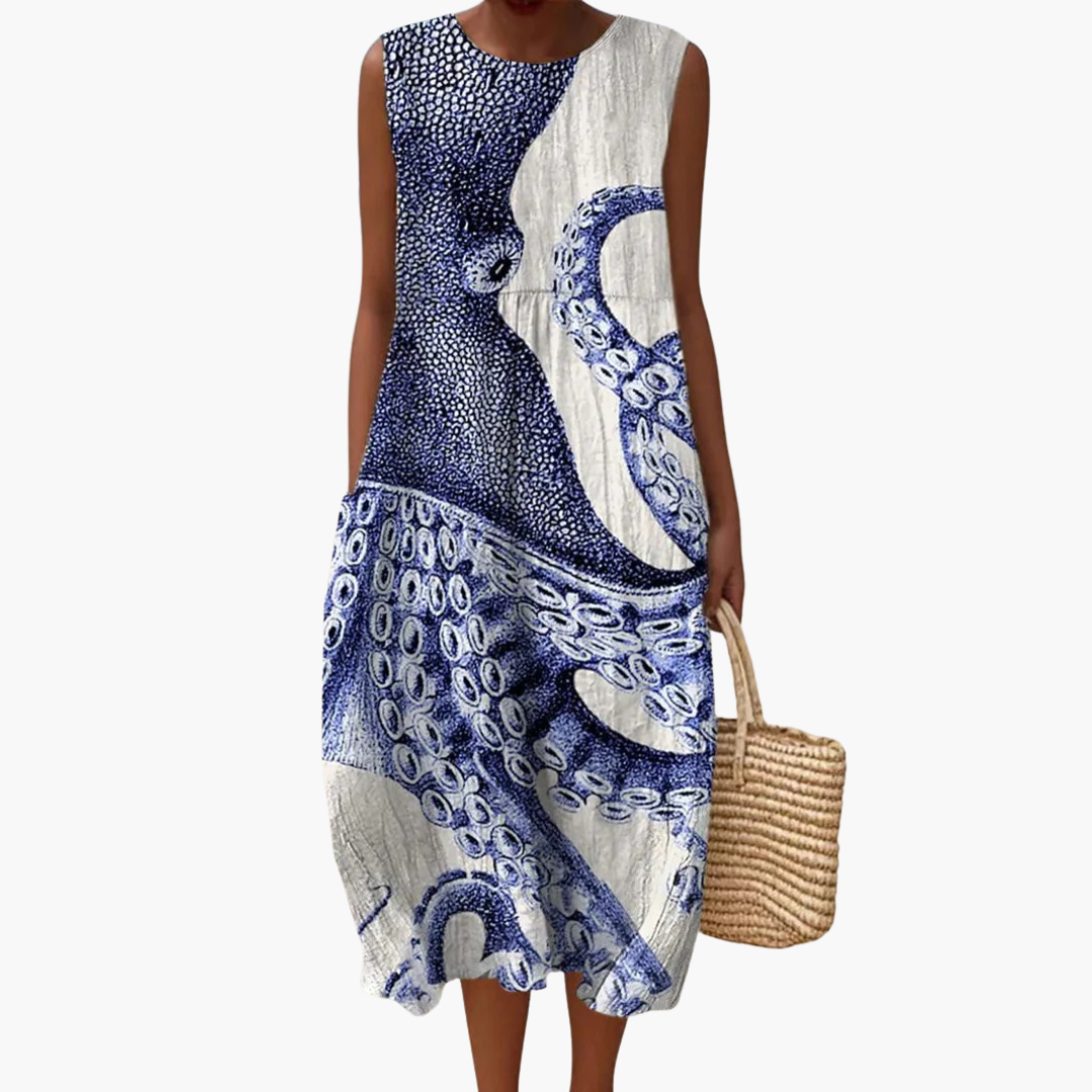 JO | Women's sleeveless midi dress with octopus print and lace-up back