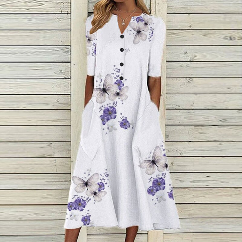 JO | Women's midi dress - V-neck - button placket - short sleeves - floral butterfly print - pockets
