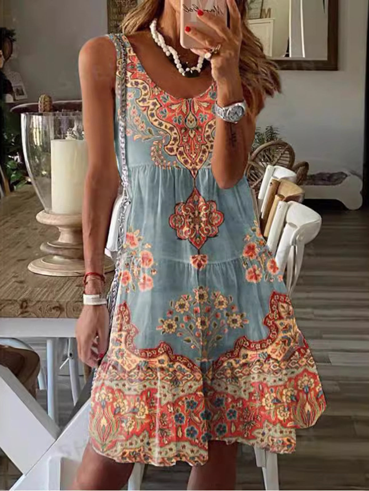 JO | Boho round neckline floral pattern mini dress sleeveless