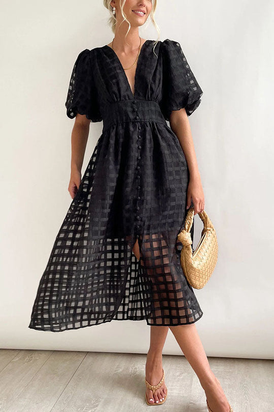 JO | Remarkable Beauty Square Patterned Fabric Puff Sleeve Party Midi Dress