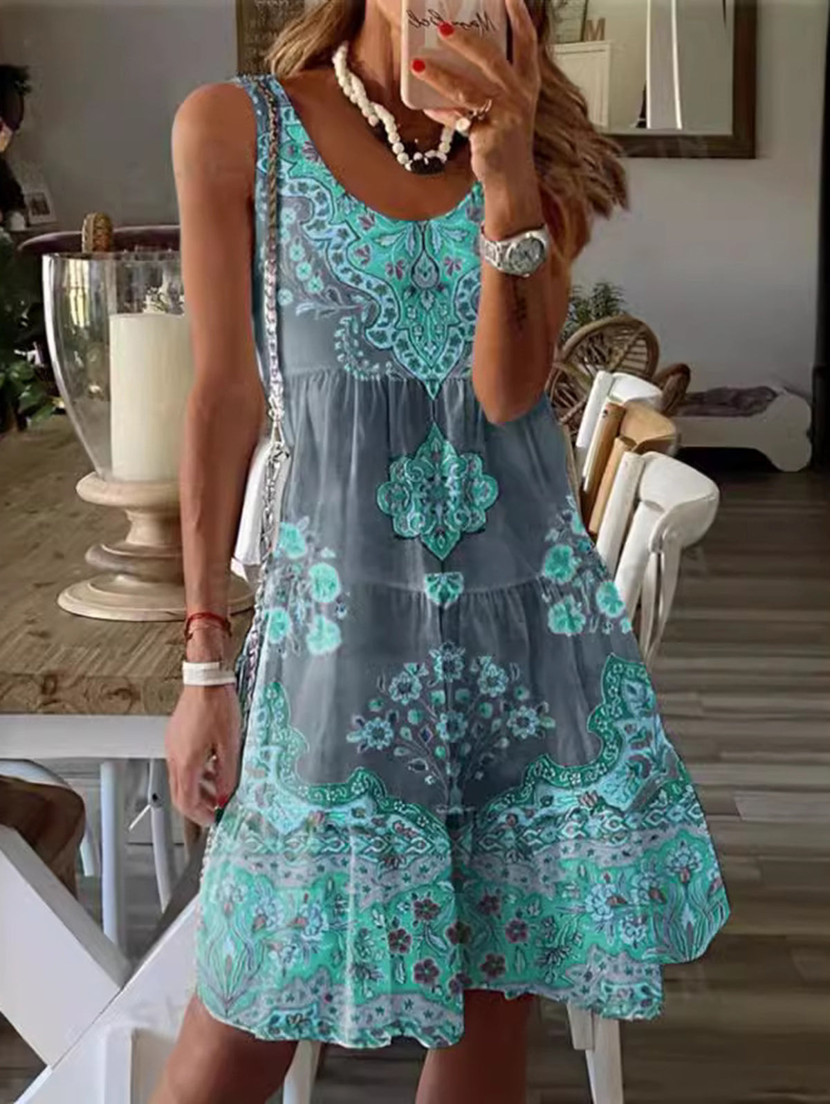 JO | Boho round neckline floral pattern mini dress sleeveless