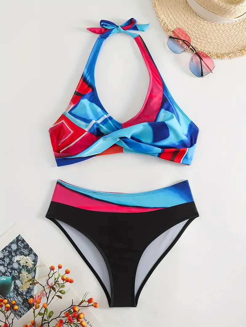 JO | Stylish Random Print Halter Cross Bikini