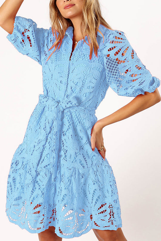 JO | Solid color lace neckline balloon sleeves and waist tie mini dress