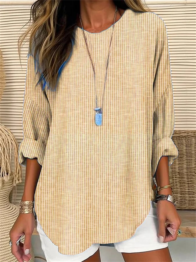 JO | Ladies retro striped loose fit long sleeve shirt with round neckline