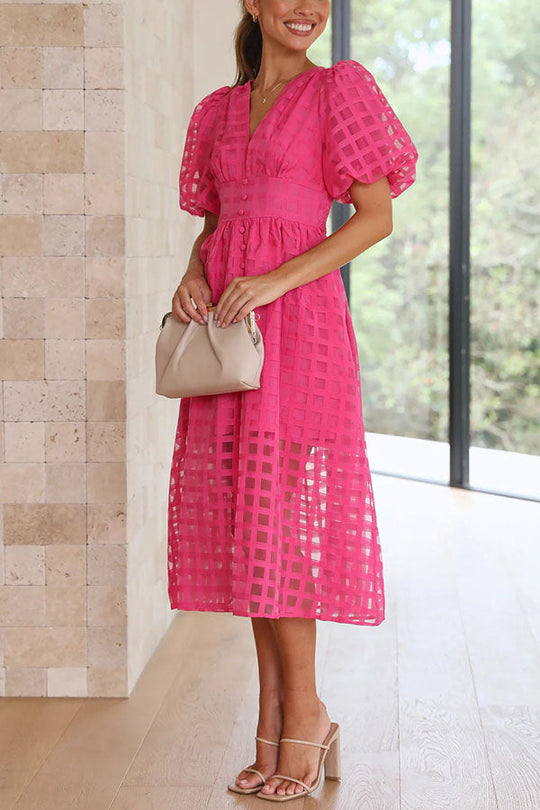 JO | Remarkable Beauty Square Patterned Fabric Puff Sleeve Party Midi Dress